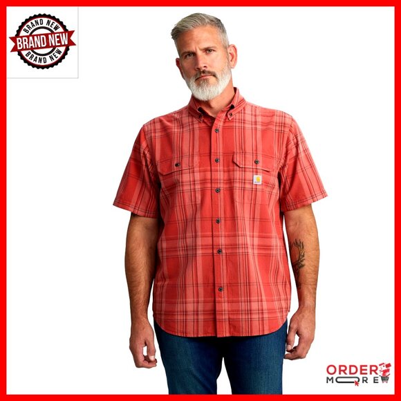 Loose Fit Midweight Short-Sleeve Plaid Work Shirt with Chest Pockets